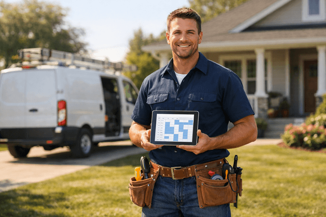 Electrician holding a tablet showing a booked appointment schedule outside a residential home
